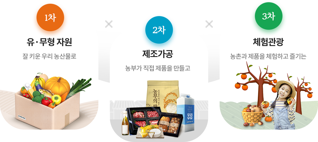 1차 유ㆍ무형 자원. 잘 키운 우리 농산물로,  2차 제조가공. 농부가 직접 제품을 만들고, 3차 체험관광. 농촌과 제품을 체험하고 즐기는