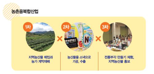 농촌융복합산업  1차 지역농산물 매입과 농가 계약재배. 2차 농산물을 스낵으로 가공 수출. 3차 전통부각 만들기 체험, 지역농산물 홍보