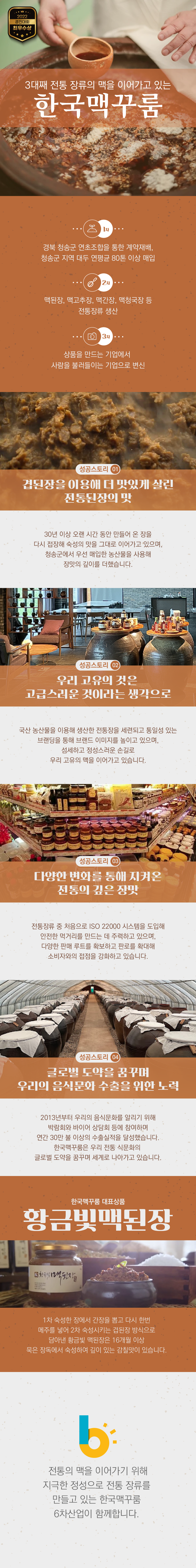 2022 경진대회 최우수상
3대째 전통 장류의 맥을 이어가고 있는 한국맥꾸룸
1차 경북 청송군 연초조합을 통한 계약재배, 청송군 지역 대두 연평균 80통 이상 매입
2차 맥된장, 맥고추장, 맥간장, 맥청국장 등 전통장류 생산
3차 상품을 만드는 기업에서 사람을 불러들이는 기업으로 변신
성공스토리 01 겹된장을 이용해 더 맛있게 살린 전통된장의 맛
30년 이상 오랜 시간동안 만들어 온 장을 다시 접장해 숙성의 맛을 그대로 이어가고 있으며, 청송군에서 우선 매입한 농산물을 사용해 장맛의 깊이를 더했습니다.
성공스로티 02 우리의 고유의 것은 고급스러운 것이라는 생각으로 
국산 농산물을 이용해 생산한 전통장을 세련되고 통일성 있는 브랜딩을 통해 브랜드 이미지를 높이고 있으며, 섬세하고 정성스러운 손실로 우리 고유의 맥을 이어가고 있습니다.
성공스토리 03 다양한 변화를 통해 지켜온 전통의 깊은 장맛
전통장류 중 처음으로 ISO22000 시스템을 도입해 안전한 먹거리를 만드는 데 주력하고 있으며, 다양한 판매 루트를 확보하고 판로를 확대해 소비자와의 접점을 강화하고 있습니다.
성공스로키 04 글로벌 도약을 꿈꾸며 우리의 음식문화 수출을 위한 노력
2013년부터 우리의 음식문화를 알리기 위해 박람회와 바이어 상담회 등에 참여하며 연간 30만 불 이상의 수출실적을 달성했습니다.
한국맥꾸룸은 우리 전통 식문화의 글로벌 도약을 꿈꾸며 세계로 나아가고 있습니다.
한국맥꾸룸 대표상품 황금빛맥된장
1차 숙성한 장에서 간장을 뽑고 다시 한번 메주를 넣어 2차 숙성시키는 겹된장 방식으로 담아낸 황금빛 맥된장은 16개월 이상 묵은 장독에서 숙성하여 깊이 있는 감칠맛이 있습니다.
전통의 맥을 이어가기 위해 지극한 정성으로 전통 장류를 만들고 있는 한국맥꾸룸 6차산업이 함께합니다.